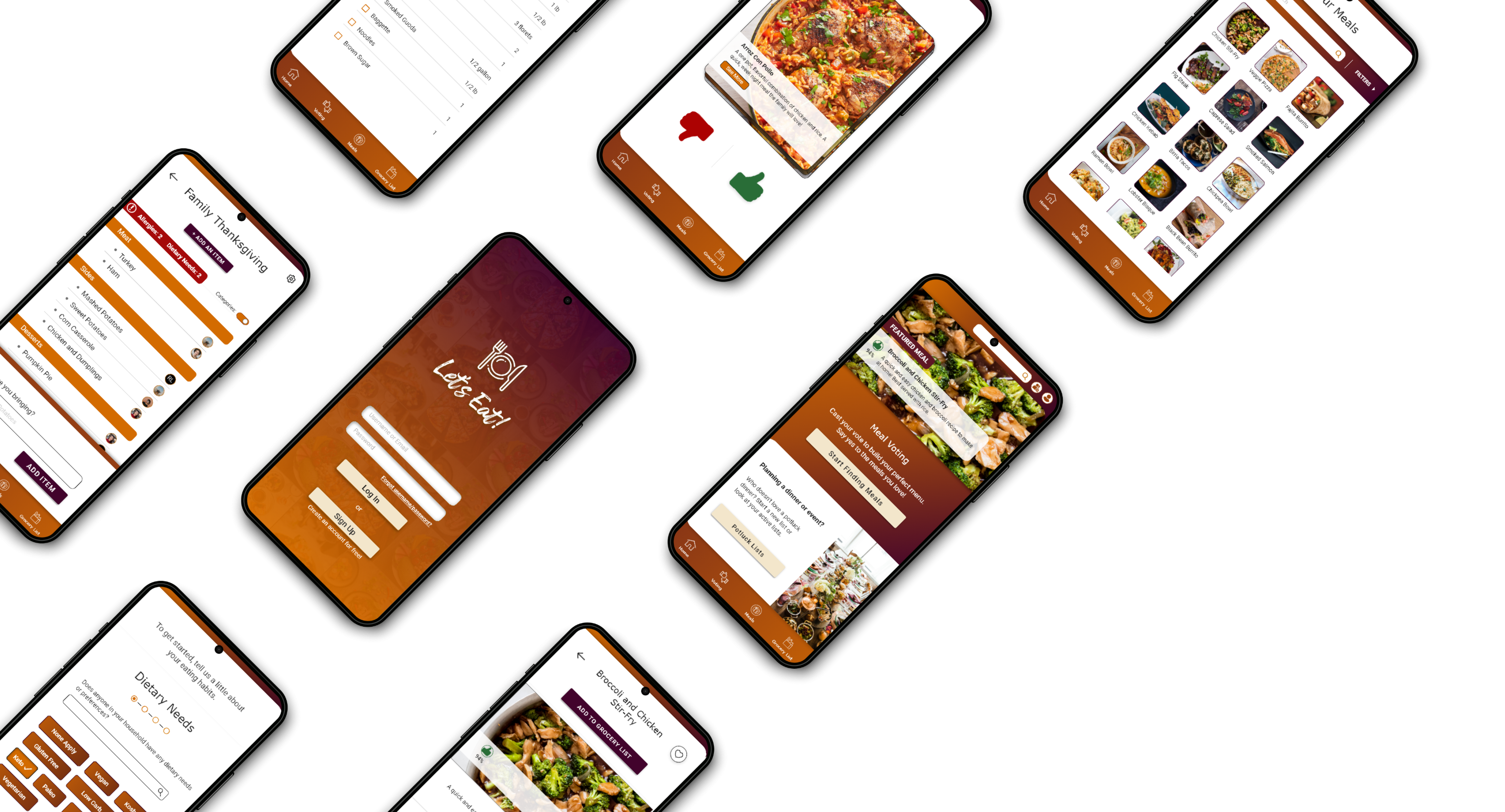 Mockup screens for Let's Eat app